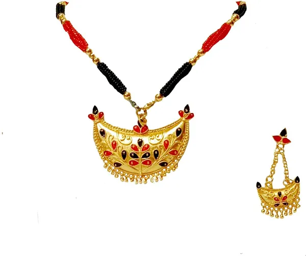 Assamese_Traditional_Gold_Plated_Red_Black_Colour_Joonbiri_Tassel_Jewellery_Set_For_Women